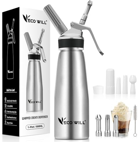 ECO-WILL Professional Whipped Cream Dispenser, Durable Aluminum Cream Whipper with 2 Sets of Stainless Steel and Plastic Tips & Cleaning Brush,1-Pint / 500 ML