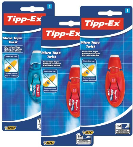 Tipp-Ex Korrekturroller Micro Tape Twist mit drehbarer Schutzkappe, Maus in Blau oder Rot, Korrekturband 8m x 5mm, 3er Pack