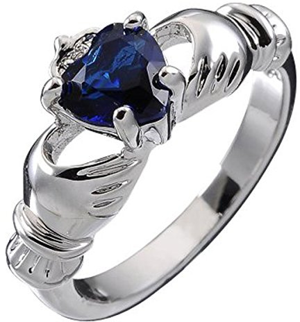 GWG Jewellery 925 Sterling Silver Claddagh Love Ring with Sapphire Blue Heart Stone, Hands, and Crown – 10 in Gift Box for Women
