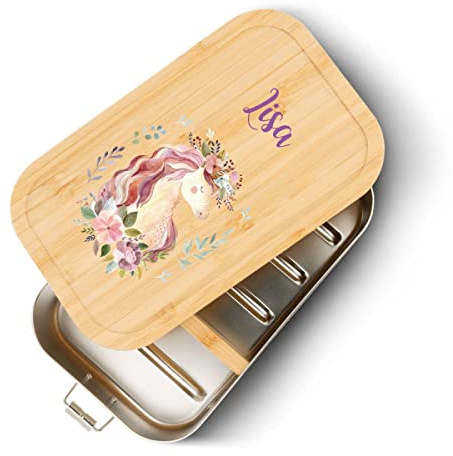 GRAVURZEILE Brotdose aus Weißblech mit bedrucktem Bambusholzdeckel - Lunchbox mit Einhorn V2 Motiv - Personalisiert mit Name - Geschenk für Kinder zum Schulanfang - Größe: Klein