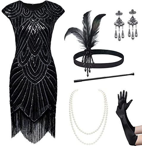 BABEYOND Vestiti Anni 20 Donna con 20s Accessori Set di Abito con Frange e Paillettes in Rilievo