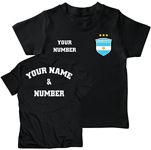 lepni.me Maglia Bambini Coppa del Mondo 2022 Campioni Calcio Argentina Tuo Nome e Numero Distintivo della Bandiera Argentino Personalizzato Maglietta (7-8 Anni Nero con 3 Stelle Multicolore)