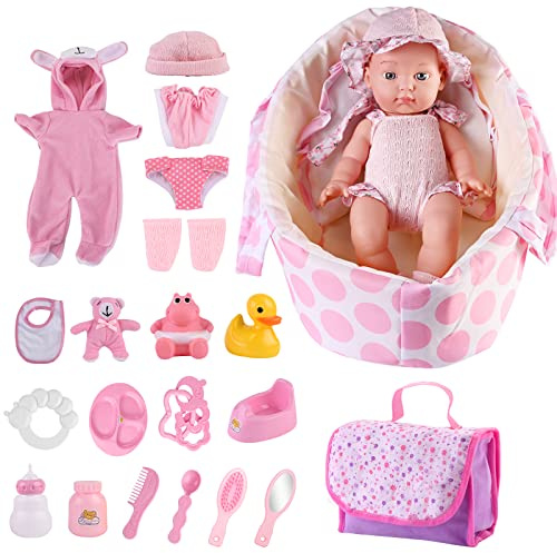 deAO Bambola Neonato 33 cm con 26 Accessori – Bambola con Vestiti, Biberon, Ciuccio e Borsa, Giocattolo per Bambini 3+ Anni