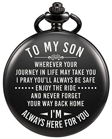 TREEWETO Montre de poche gravée pour homme - Cadeau d'anniversaire unique pour petit-fils, cadeau de remise de diplôme pour lui, cadeau pour garçons et hommes, Noir , Classique