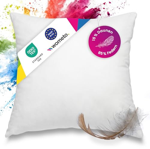 wometo Premium-line OekoTex - Almohada de plumas y plumón (85% plumas, 15% plumón, 50 x 50 cm, con relleno de 600 g, funda de algodón), color blanco