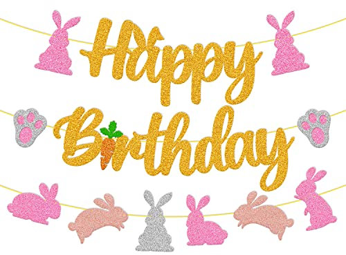 Bunny Birthday Banner Rabbit Bday Party Decorations Bunny Paw Ears Carrot Easter's Day Theme for Kids Boy Girl Baby Shower Party Supplies (Gold)