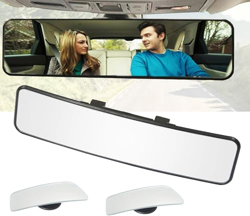 KITBEST Rear View Mirror + 2PCS Car Blind Spot Mirrors, Universal Panoramic | Wide Angle, Clip on, Flat, Clear, 290mm Large Interior Rearview Mirror to Reduce Blind Spot, Suit for Cars SUV Trucks