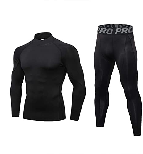 LANBAOSI Ensemble de Compression D'Entraînement pour Hommes Pantalons et Chemises à Manches Longues Hiver Chaud Couche de Base Thermique Haut et Bas Blk Line (Col Roulé Factice),L