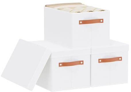 YheenLf 3 Stück Faltbare Aufbewahrungsboxen mit Deckel,Weiß,38×25×21cm | Aufbewahrungsbox Stoff, Aufbewahrungskorb,Ordnungsboxen,Kleiderschrank Organizer,Stoffbox mit Griff für Kleidung