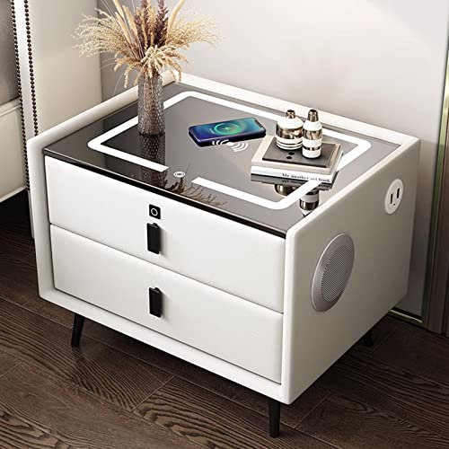 Smart Led Bedside Table with Fingerprint Reader and Wireless Charging Station, Bluetooth Speaker Modern Side Table, Home Decor Nightstand for Bedroom (Color : Bianco, Size : 30x40x46cm)