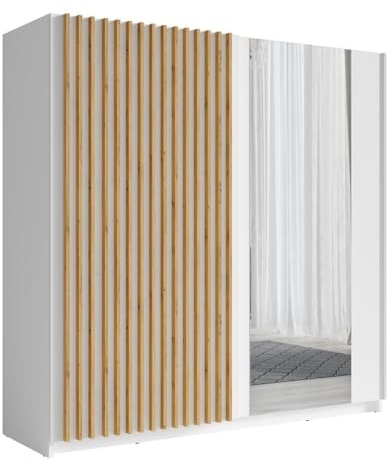PRICE FACTORY just for you Armoire 2 Portes coulissantes avec Miroir 200 cm - Blanc et chêne - Collection Strano