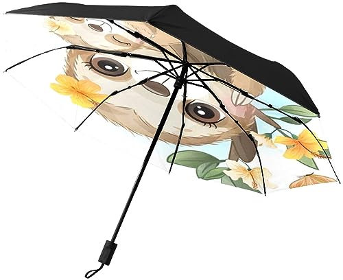 GISPOG Automatischer faltbarer Regenschirm, niedliche Faultier-Blumen, wasserdicht, kompakt, Sonne und Regen, Reise-Regenschirme, einfarbig, Einheitsgröße