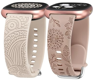TOYOUTHS 2 Stück Floral Gravierte Armband kompatibel mit Fitbit Versa 4/Versa 3/Sense 2/Sense Armband, Sport Solo Loop Silikon Boho Henna/Löwenzahn Blume Fancy Cute Armbänder für Versa 4