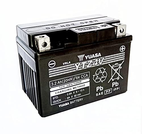 YUASA Motorradbatterie YTZ4V Wet-Marke | Spannung 12 V, 3 Ah, 64 A, Maße 113 x 70 x 85 mm, schwarz, wartungsfrei, OEM YTZ4V kompatibel mit Yamaha MT-125 ABS 2020-2022