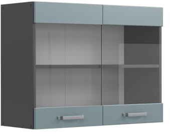 Vicco Küchenglasschrank R-Line, Blau-Grau, 80 cm, zur freien Kombination innerhalb modularer Küchensysteme