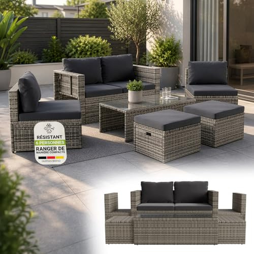 Juskys set di mobili da giardino Salou in polyrattan - Salotto resistente alle intemperie per 6 persone - Con tavolo e cuscini - Per ambienti esterni come giardino, balcone, terrazza - Grigio