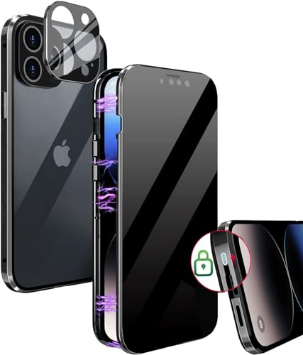 MIMGOAL Hülle für iPhone 15 Pro Anti Spy 360 Grad Magnetisch Schwarz | Sichtschutz bis 25 Grad, Gehärtetes Glas vorne und hinten, Magnetischer Aluminiumrahmen, Integrierter Kameraschutz