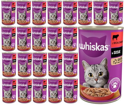 Whiskas Katzenfutter Nassfutter Adult 1+ mit Rindfleisch in Soße, 24 Dosen (24 x 400g)