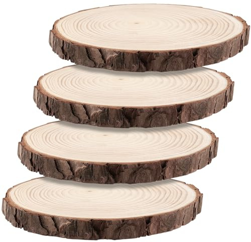 HEIYUET 4 stycken 18–20 cm oavslutade träcirklar, naturliga träskivor för pyssel, runda trädskivor med bark för jul ornament bröllop gör-det-själv hantverk