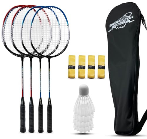 Magicorange badmintonracketar set med 4 för utomhusspel i bakgården, inklusive 4 racketar, 4 ersättningsgreppband och 1 bärväska (blå + röd)