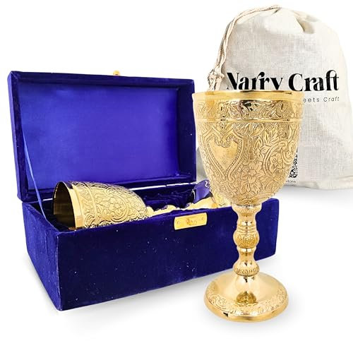 NARRY CRAFT Solid Brass Vintage Chalic Goblet Medieval Handmade Decorative Wine Glass Communion Cup with Royal Embossed Design 1Pcs (With Box, Gold)