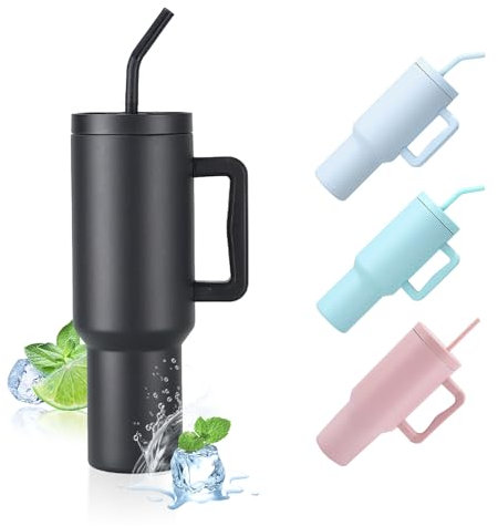 GOOFIT 1180 ml Isolierter Becher mit Deckel und Strohhalm Doppelwandiger Edelstahl mit Griff Upgrade Wiederverwendbare Kaffeetasse Becher 40 oz Reisebecher Autobecher Thermobecher Schwarz
