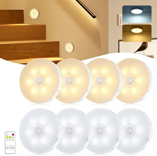 Nachtlicht mit Bewegungsmelder, 8 Stück LED Licht Bewegungsmelder Innen,3 Modi Auto/On/Off USB Aufladbar Treppenlicht Schranklicht, Akku Lampe Fernbedienung für Flur, Treppe, Schrank, Schlafzimmer