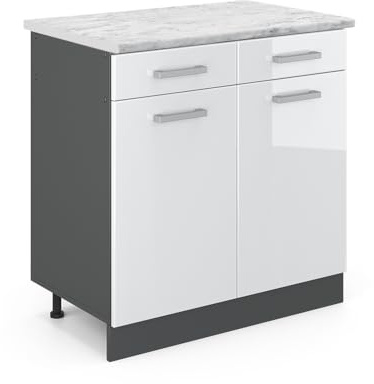 Vicco Küchenunterschrank R-Line, Weiß Hochglanz, 80 cm | 2 Schubladen · AP Marmor inkl. · Höhenverstellbare Füße · 2 Türen · ✓ Leichter Zugriff