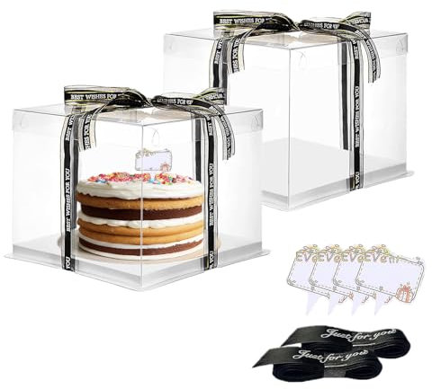 Vebetter 2pcs Boite a Gateau Transparente Boite Layer Cake Boite de Transport Gateau 26 x 26cm Réutilisable Boîte à Gâteaux en Plastique avec Ruban pour Gateau et Présentoir à Dessert, 8 inch.