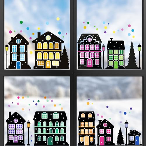 younikat Fensterbild Weihnachten Bunte Häuschen 87 Teile bunt - dv1533 | UV-beständig, glänzende Oberfläche, Doppelseitig, Statische Haftung ohne Klebstoff, Wiederablösbar