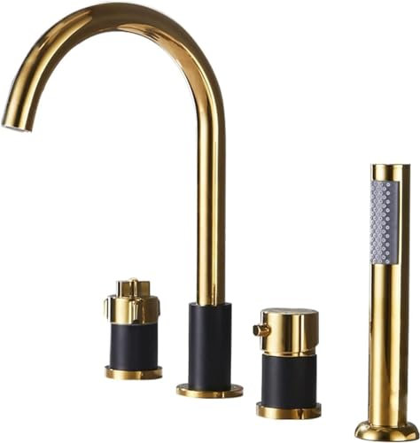 Modern Gold and Black Bathtub Faucet with Thermostat for Bathroom Shower 4 Hole Bath Rim Design