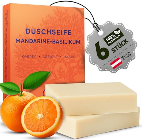 larum sports feste Duschseife Frauen 3 in 1, Mandarine-Basilikum, 6x 85g | Festes Shampoo, Seife Stück, für Haare Körper Gesicht, Naturseife, vegane Körperseife, festes Duschgel