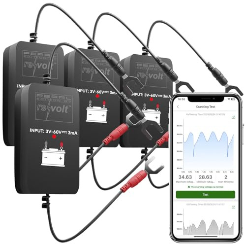 Lescars Batteriemonitor: 4er-Set Kfz-Batterie-Wächter mit BT, App, für Batt. mit 6-48 Volt - (Batteriewächter 48V, Batterietester Batterieprüfer, 12V)
