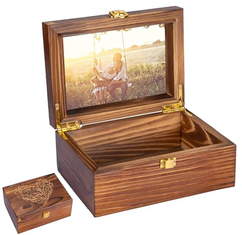 Small Wooden Memory Keepsake Boxes With Hinged Lids and a photo frame inside the lid - Decorative Storage Box With a Hinge Lids For Picture Letter Time Capsule - Wooden Gift Boxes，3.1“*5.1”*7.1“ Carbo