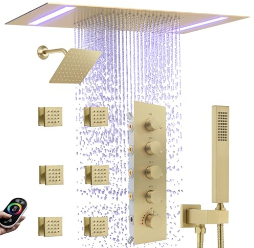 NPYSVSSS Thermostatic Shower System with 14x20 Inch Ceiling Mount LED Head & 6 Inch Wall Head and Handheld Shower 4 Function Vale with body jets Can All Run Together,Brushed Gold