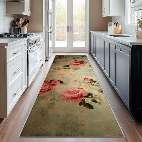 Generisch Läufer Flur Vintage Rose, Waschbarer Teppich Läufer Rot Blumen 60x180, Küchenteppich, Eingangsbereich, Bettvorleger, Schlafzimmer Deko, rutschfest, Kurzflor f12