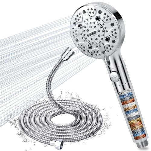 Filter Shower Head and Hose 2M, 15 Stage Filtered High Pressure Shower Heads with 9 Spray Jet Modes, Water Softener Showerhead with Stop Button, Chrome Handheld Showers for Residual Chlorine Remove