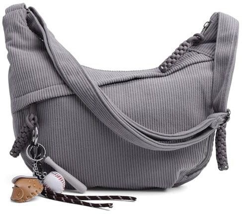 GSenhui Crossbody Bag Cord Umhängetasche Moon Bag Damen Halbmond Schultertasche mit Casual Widgets Bauchtasche Kord Groß Handtasche Beige für Arbeit,Reisen,Alltag, Pana Gris
