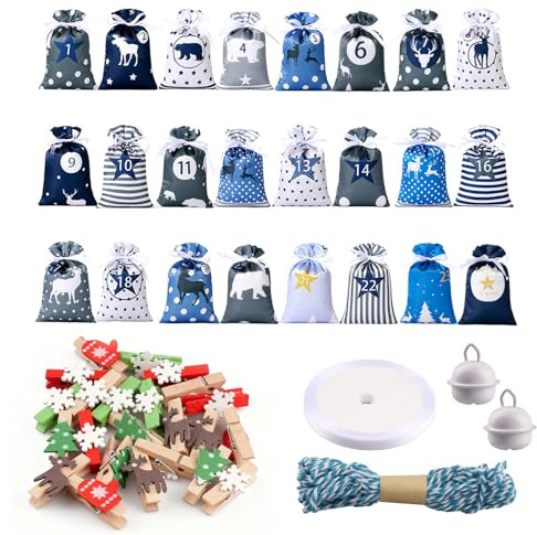 burkfeeg Calendrier de l'avent a Remplir, 24 jours sachets en tissu, compte à rebours à suspendre a Remplir+ 24 Clips en Bois, calendrier de l'Avent, cadeaux pour décorations de Noël