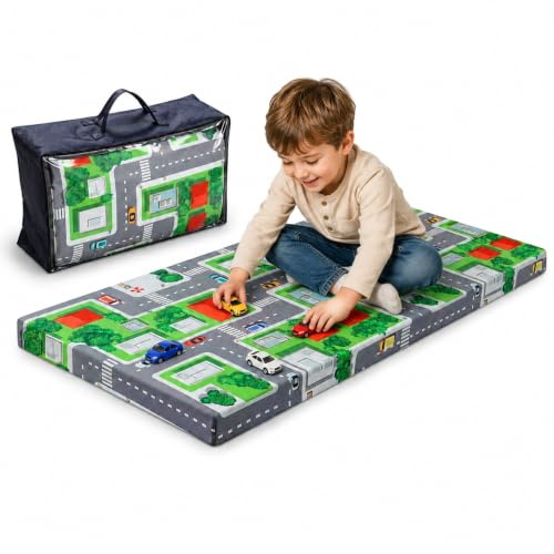 Arensberger Materasso da viaggio per bambini, 60 x 120 cm, altezza 6 cm, pieghevole, con motivo città, schiuma gel Nanocell con rivestimento rimovibile e borsa per il trasporto