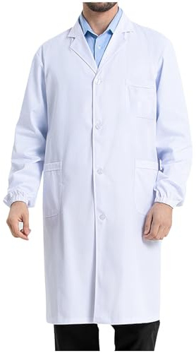 HAOLEI Camice Laboratorio Donna Uomo, Cotone Camice Medico Bianco Medico Cappotto Grembiule da Lavoro Maniche Lunghe Camica Bianco da Laboratorio Chimico Camici per Infermiera Studente Cosplay XS-3XL