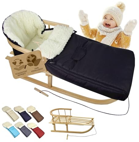 BambiniWelt - Slitta in legno con schienale e corda di trazione + sacco nanna invernale 108 cm - calda lana d'agnello, impermeabile, set combinato per passeggino e passeggino (nero)
