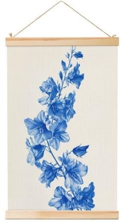 Woshuwo Larkspur Blue Flower Linen Hanging Painting, Linen Wall Art Home Art Piece Modern Artwork Farmhouse Decor 40x60 Cm