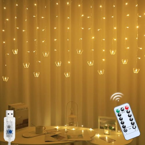 Lichtervorhang Schmetterling, LED Lichterkette Innen Frühlingsdeko Lichtervorhang Innen, Schmetterling Lichterkette Vorhang USB Wasserdicht Deko Schlafzimmer für Ramadan Deko Frühlingsdeko (C)