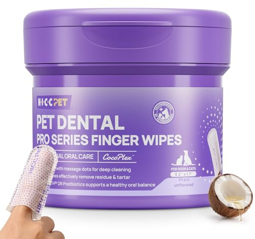 HICC PET Dog Teeth Cleaning Wipes, Finger Toothbrush for Dogs & Cats, No-Rinse Dental Wipes for Easy Daily Oral Care, Unscented, 50 Count
