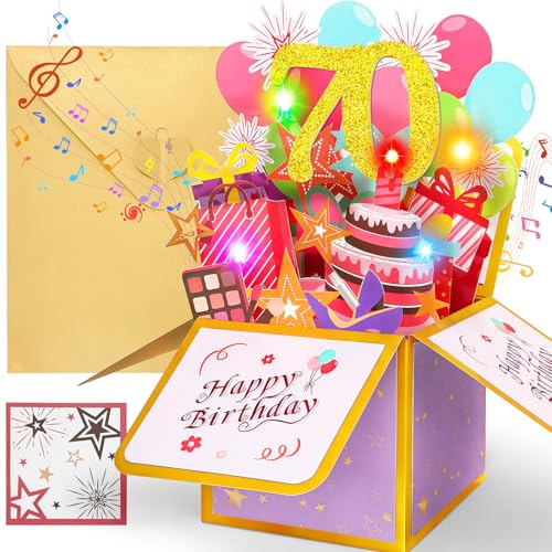 YianHien Geburtstagskarte 70 Frau mit Musik, Licht und ausblasbarer Kerze | 3D Pop Up Karte Geburtstag, Happy Birthday Deko, Geschenk zum 70 Geburtstag Frau Mutter