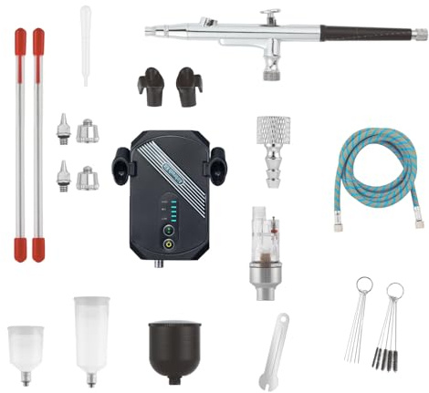 LIHUACHEN Airbrush Compressor Kit 25-30 PSI with 0.2mm and 0.5mm Nozzles, Braided Hose, Oil-Water Separator, and Cleaning Tools Spray Gun Model Paint Tattoo Nail DIY-Black