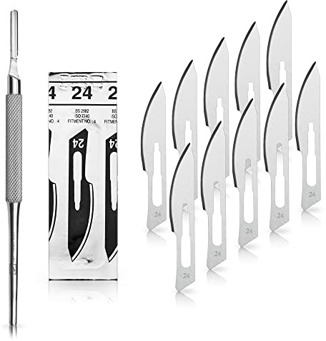 Set - 10 Stück Skalpellklingen Figur 24 aus Karbonstahl - Ersatzklingen einzeln steril verpackt + 1x May - Skalpell-Halter mit rundem Griff - Edelstahl | Flexibles Profiwerkzeug für Handwerk und Kosmetik. Ideal für geschwungene Linien.