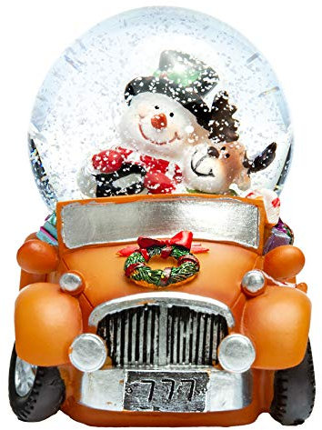 SIKORA SK16 Mittelgroße Glas Deko Schneekugel Schneemann mit Elch im Auto Weihnachten Weihnachtsdeko D:65mm