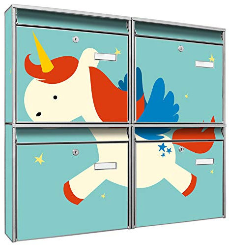 banjado Briefkastenanlage 4 Fach - Postkästen groß - verzinkter Stahl Silber DIN A4 Motiv Kleines Einhorn - Briefkasten Set 4 Briefkästen Namensschild, 2 Schlüssel, Montagematerial